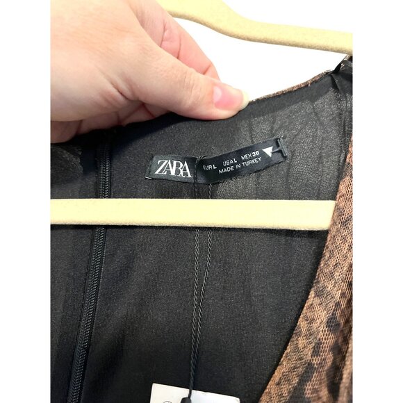 Zara Brown Snake Print Mesh Ruched Long Sleeve Mini Dress Size L - Picture 4 of 8